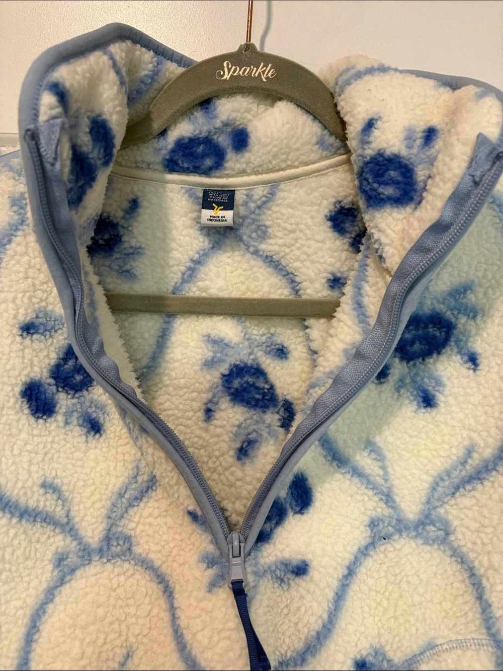 Old Navy Cream and Blue Floral Sherpa Quarter-Zip Pullover